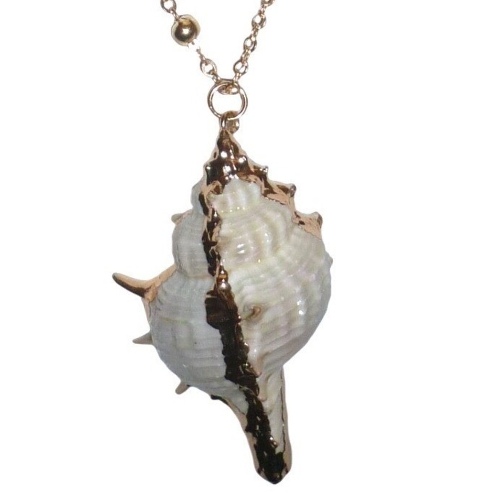 Gold Tone Murex Sea Shell Pendant Beaded Link Chain Necklace